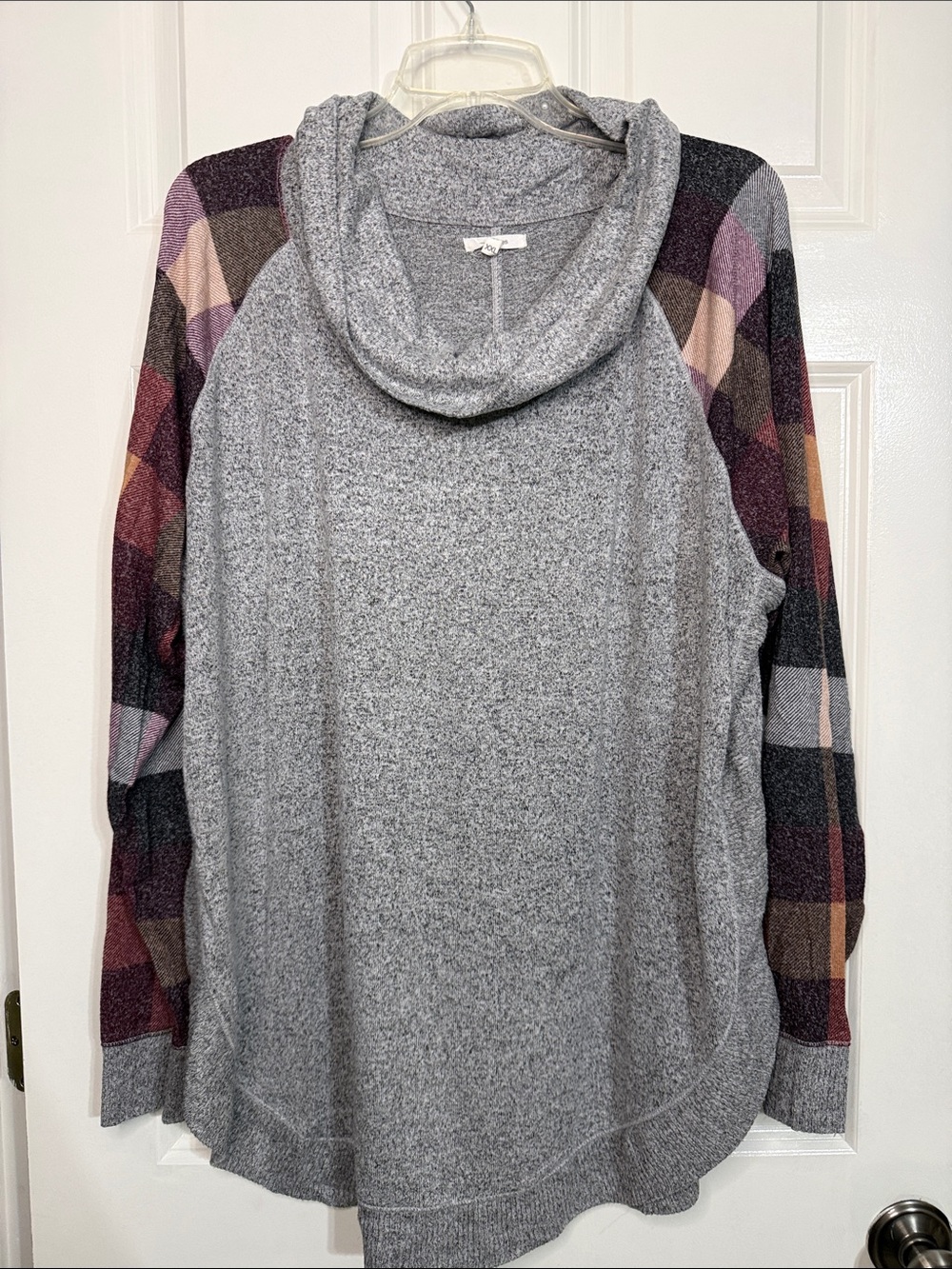 Maurices Gray Cowl Neck Sweater with Burgundy & Tan Plaid Sleeves